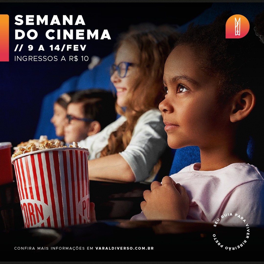🍿 SEMANA DO CINEMA | De 9 a 14 de fevereiro, você pode aproveitar ingressos a partir de R$ 10 para qualquer filme e combos de pipoca e refrigerantes com preços promocionais. Em Ribeirão Preto, participam as salas de cinemas das redes @ucicinemas (RibeirãoShopping), @cinemarkoficial (Novo Shopping) e @cinepolisbrasil (Iguatemi e Shopping Santa Úrsula).

Confira alguns filmes que estão em cartaz por aqui:

• Tudo em Todo o Lugar ao Mesmo Tempo
• Homem-Formiga e a Vespa: Quantumania
• Avatar – O Caminho da Água
• Titanic (3D)
• M3GAN
• Batem à Porta
• O Grande Mauricinho
• Desapega
• Oferenda ao Demônio
• O Pior Vizinho do Mundo
• O Menino e o Tigre
• Babilônia

*Consulte a classificação indicativa e a programação específica de cada cinema antes de sair de casa.

#Cinema #SemanaDoCinema #Promoção #VaralDiverso #RibeiraoPreto